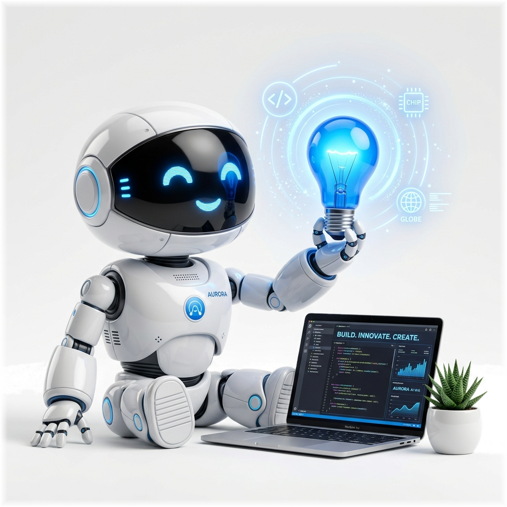 Innovation Hacks 3D AI Robot holding glowing idea bulb with laptop and plant